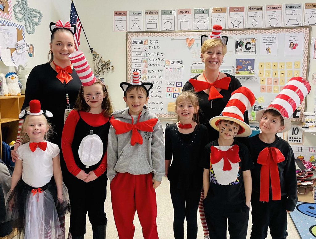 people dressed in Dr. Seuss costumes